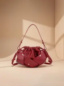 Women's Bamboo Style Woven Bag, Hollow Design Drawstring Purse, Unique Patchwork Shoulder Crossbody Bag for All Seasons