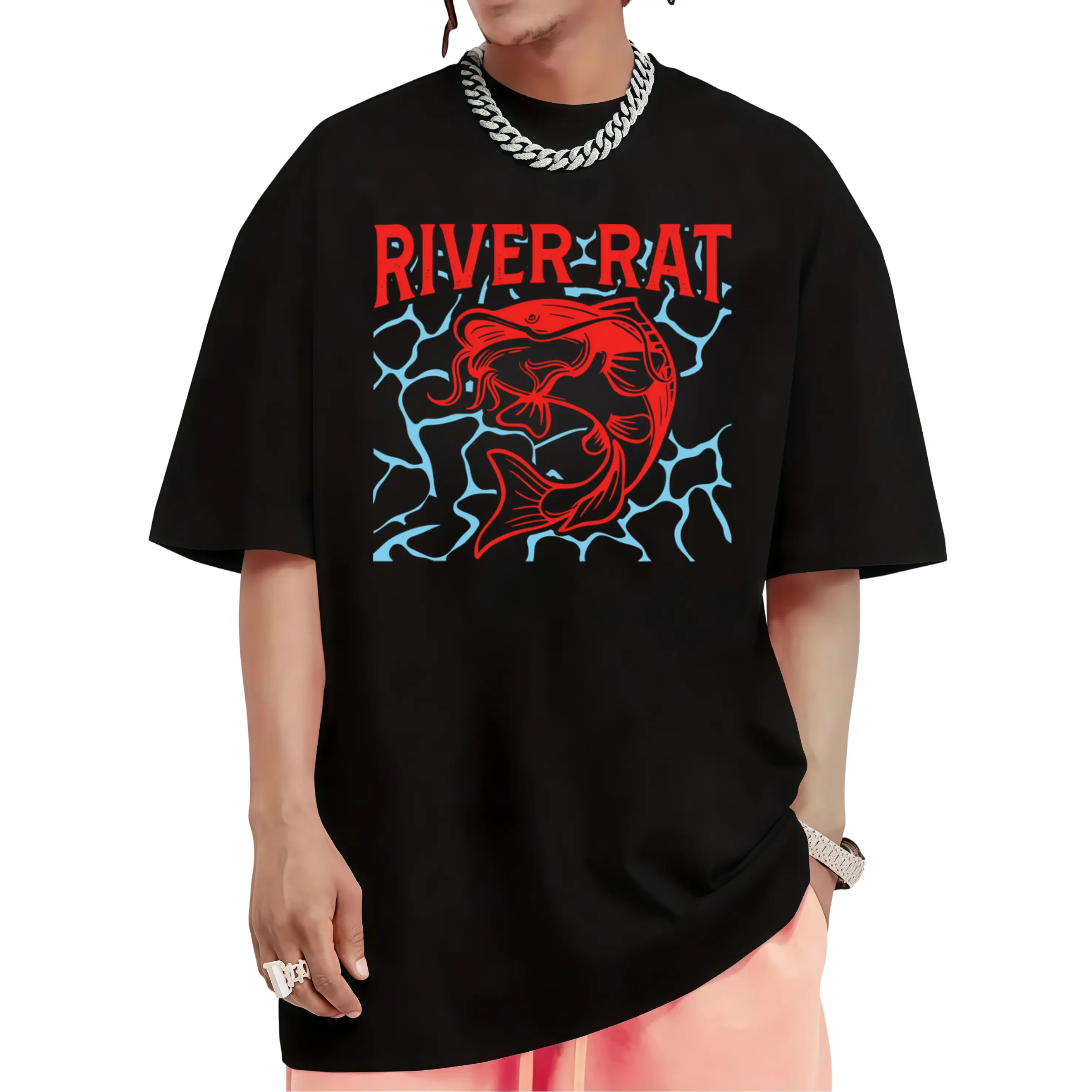 Men's Unisex's Catfish Fishing TShirt Casual Outdoor Short Sleeve Shirt with Catfishing Graphic Print Sizes Round Neck for River Fishing Trip Angler Apparel for YearRoundRetro Casual Short-sleeved T-shirt with a Round Neck and Printed Pattern