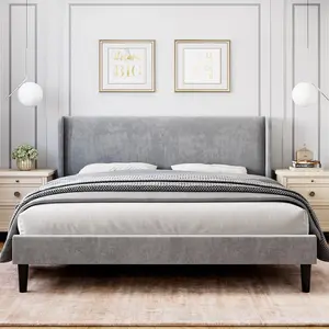 Queen Bed Frame with Headboad and Wingback, Elegant Vertical Stripe Velvet Upholstered Bed Frame with 2 Storage Pockets, Sturdy Wood Slat Support, Queen Bed Easy Assembly,Light Grey