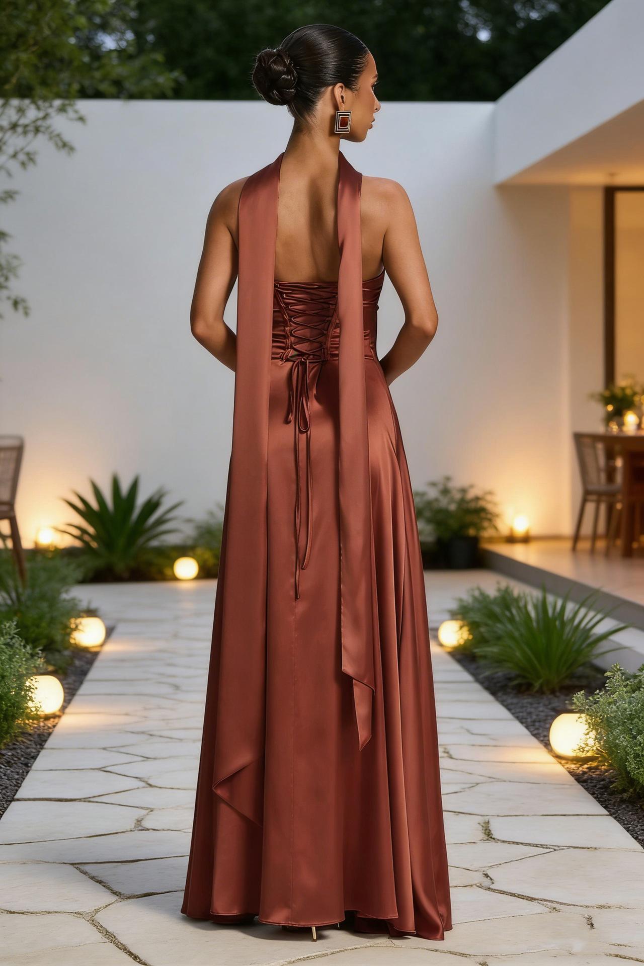 Womens Backless Tube-Top Waist-Cinching Evening Gown Long Dress