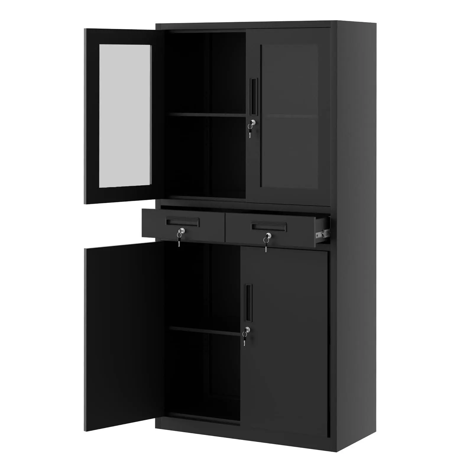 GARVEE 71-in Tall Lockable Metal Frame Garage Storage Cabinet with Glass Doors, 2 Drawers, 2 Adjustable Shelves, Home Office Organizer, Black