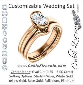 CZ Wedding Set, featuring The Monse engagement ring (Customizable Bezel-set Oval Cut Solitaire with Grooved Band & Euro Shank)