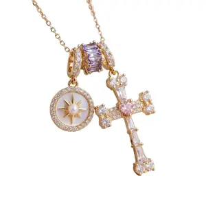 HBXL1011 Exquisite "Guiding Light" Cross & Eight-Point Star Necklace with Pink/Purple Zirconia, Light Luxury "Stars" Jewelry Collection, Elegant Shell Inlay Medallion Necklace, Faith-Inspired Birthday Anniversary Jewelry