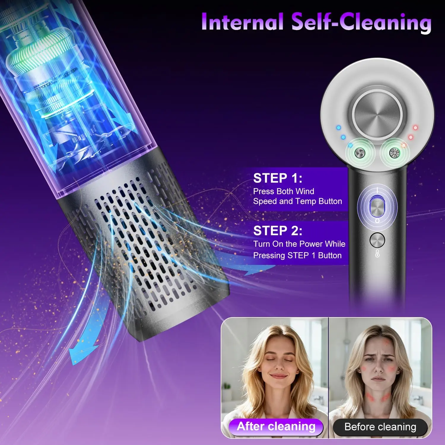 NWT High Speed Professional Hair Dryer - Ionic Blow Dryer Grey/Purple Hair Dryer,160000 RPM High-Speed Brushless Motor Negative  main image 4