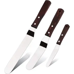 Offset Cake Icing Spatula Set of 3 Professional Stainless Steel Decorating Frosting Spatulas (4"-6"-8" Flexible Resistant Blade) Angled with Wooden Handle