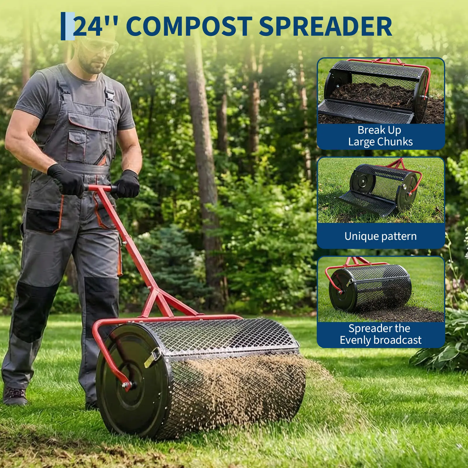 Efficient Compost and Peat Moss Spreader – 24 Inch Lawn & Garden Seeder Roller with Adjustable T-Handle, Side Latches, Powder-Coated Steel – Spreads Topsoil, Grass Seed, Fertilizer, Manure