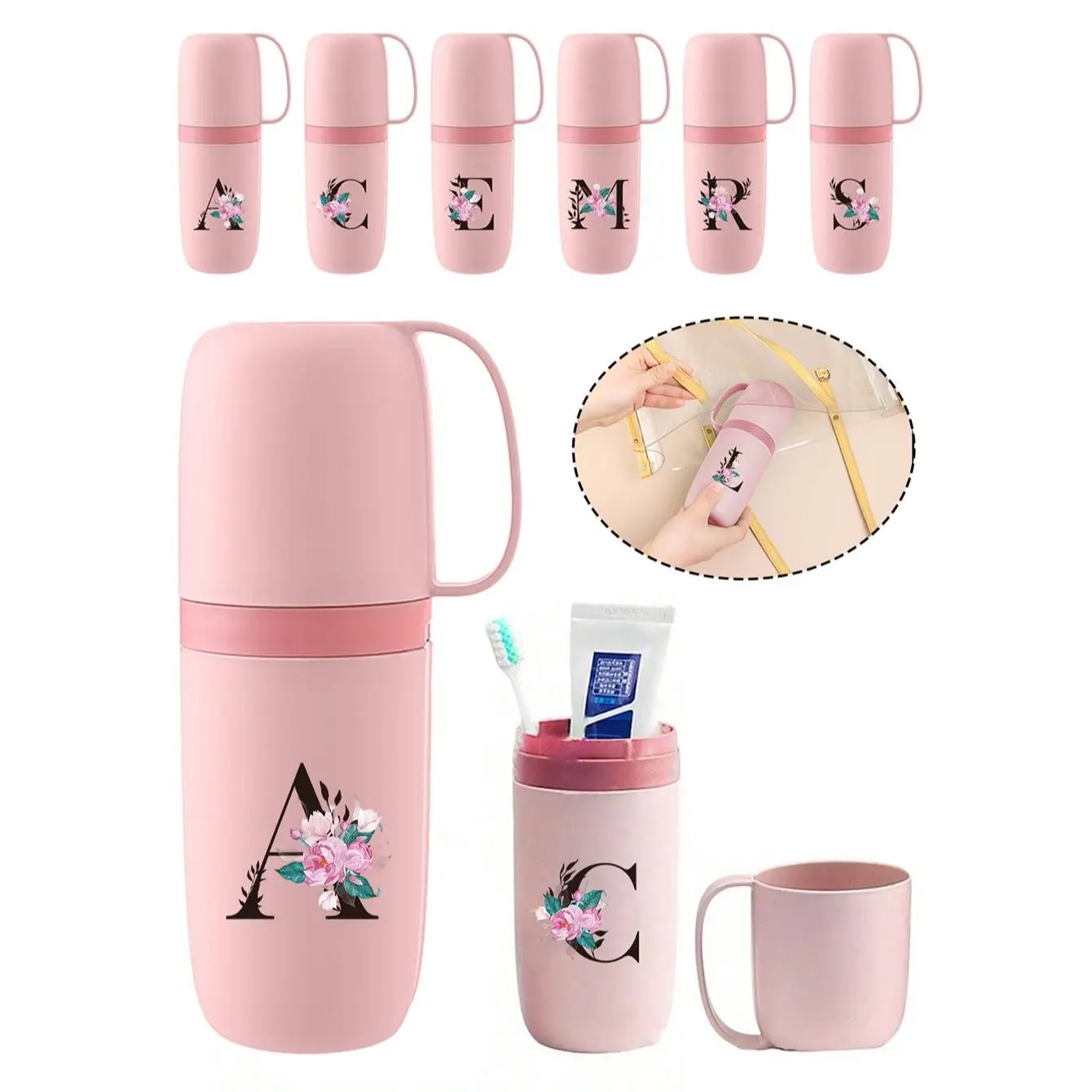 Portable Travel Toothbrush Cup with Floral Letter A-Z Print, Detachable Toothbrush Holder Lid, Dustproof Storage Box, Outdoor Toothbrush Organizer