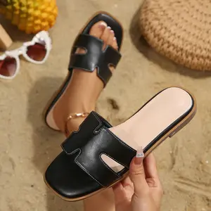 Women's Classic Flat Sandals Open Toe Dressy Summer Sandals Comfortable Casual Slip on Leather Slides Sandals