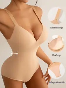 1 piece set solid color sexy women's bodysuit with steel ring and padded cups, gathering supporting type, crotch with snap closure, triangle shorts with hip-hugging design, adjustable straps, for daily wear, casual yoga workouts, Fitted Casual Bodysuit
