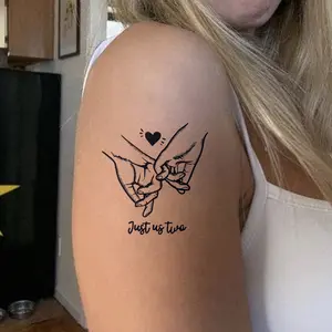 Couple Hand Holding Herbal Juice Temporary Fake Tattoo Sticker Tattoos, Sweet Line Design with Heart Elements, Waterproof Safe Non-Toxic Long-Lasting