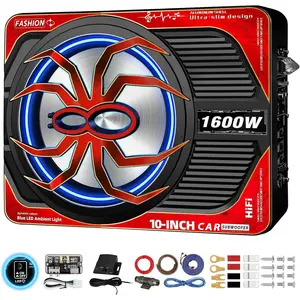 1600W Slim Underseat Car Subwoofer and Amp Package Deep Subsonic Bass with Blue Ambient Light Switch for Car Truck SUV