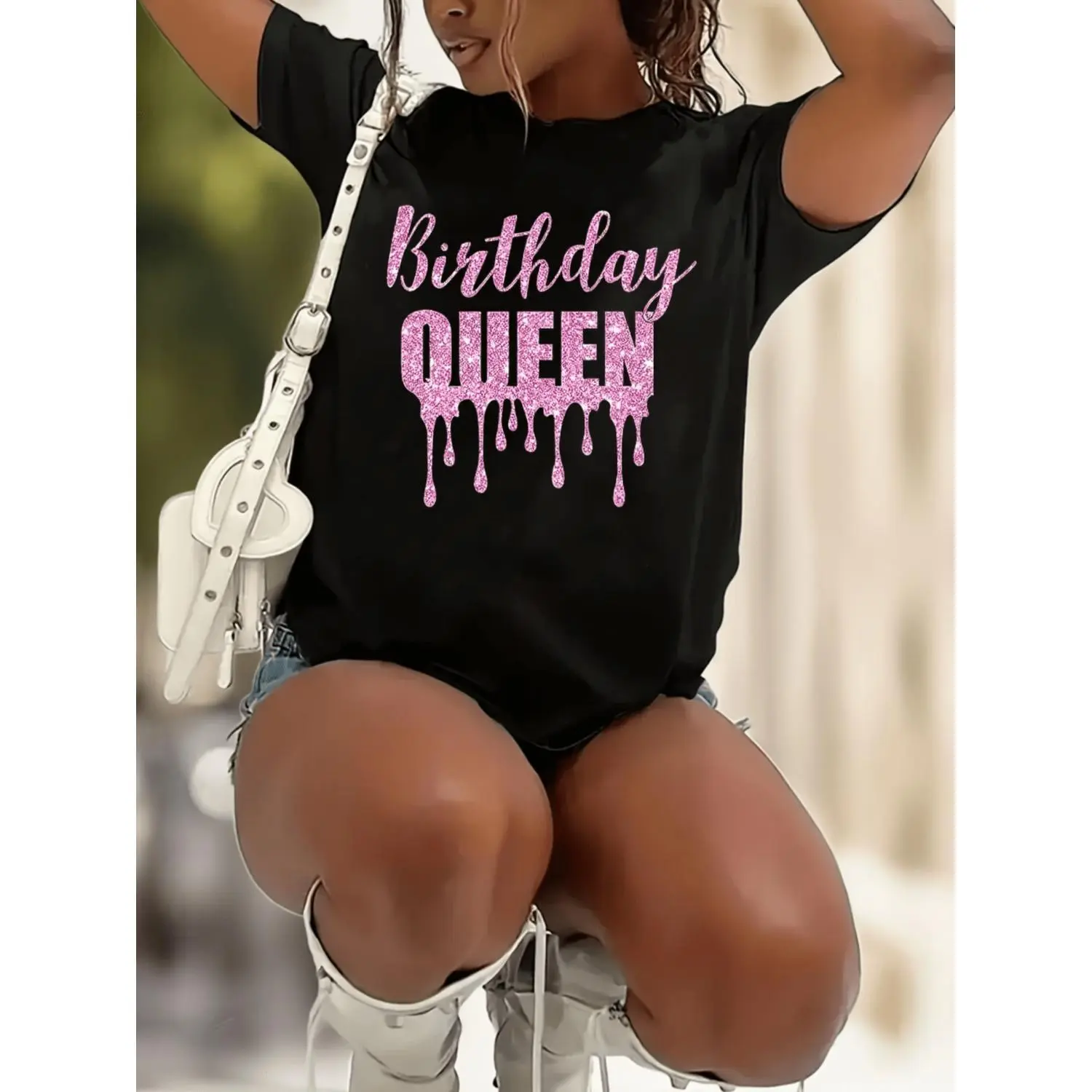 Women's Printed 'Birthday Queen' Crew Neck Short Sleeve T-Shirt - Black, Pink Glitter Letters & Droplet Effect, Streetwear Everyday Casual Birthday Party Outfit, Comfortable Fit Durable Fabric, Machine Washable Festive Top, Shortsleeve, Unisex, Apparel