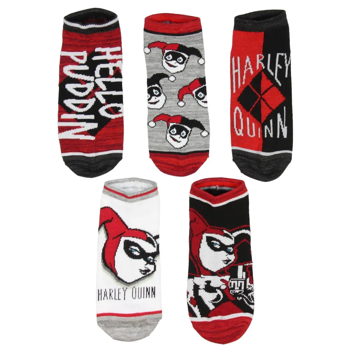 DC Comics Harley Quinn Adult Character Themed Designs 5 Pack Mix and Match No Show Ankle Socks