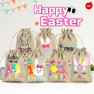 24 Pcs Cute Easter Bunny Burlap Drawstring Bags - Double Jute Drawstrings Linen Goody Gift Bags for Easter Party Favors, Egg Hunts & Treat Storage.