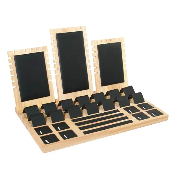 Wooden Jewelry Display Stand Set, White PU Necklace Earring Ring and Bracelet Holder, 15.47-Inch Tabletop Organizer for Boutique, Craft Fair, Trade Show and Home Display