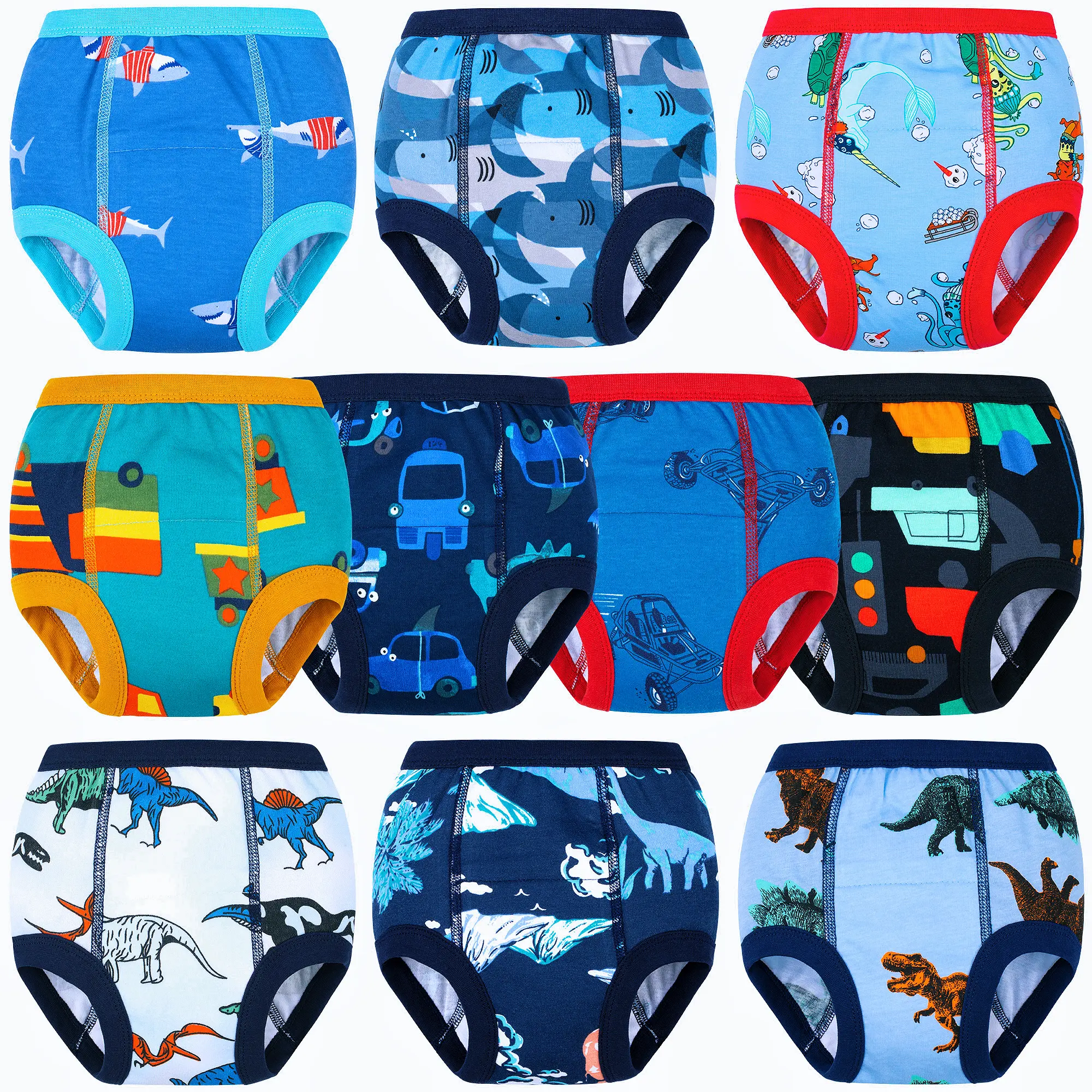 BIG ELEPHANT Training Pants for Toddlers 10 Pack Comfortable 100% Cotton Potty Training Underwear with Dinosaur and Truck Prints，Ideal for Daytime Potty Training