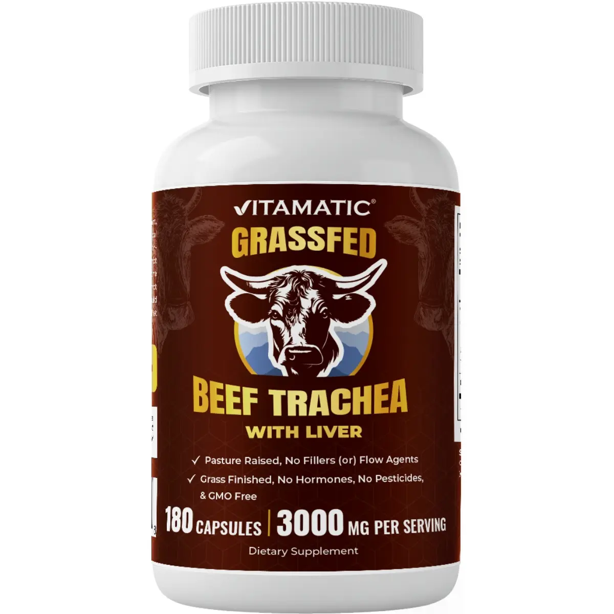 Vitamatic Grass-Fed Beef Trachea with Liver 180 Capsules Freeze-Dried Non-GMO Pasture-Raised Bovine Trachea Glandular-Based Formula 180 Capsules Beef Trachea