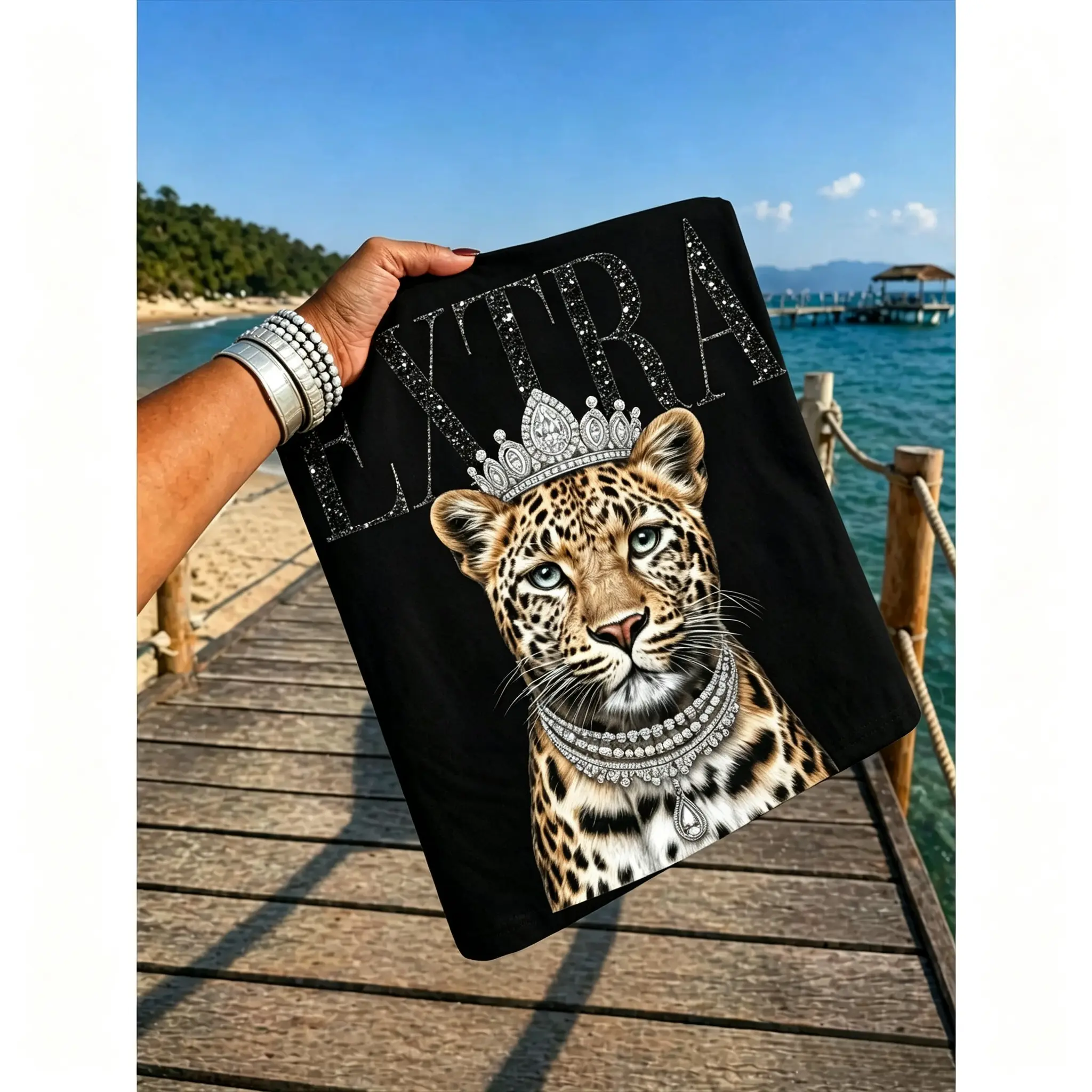Crowned Cheetah Leopard Print Graphic T-Shirt, 100% Cotton Crew Neck Short Sleeve Tee, Trendy Boho Streetwear Back to School Top