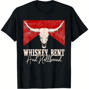 Whiskey Bent And Hellbound Graphic Western Cactus Deserts T-Shirt, Oversized Short Sleeve Classic Heavy T-Shirt Printed Graphic Tee Men Women's Casual Short-Sleeved Top