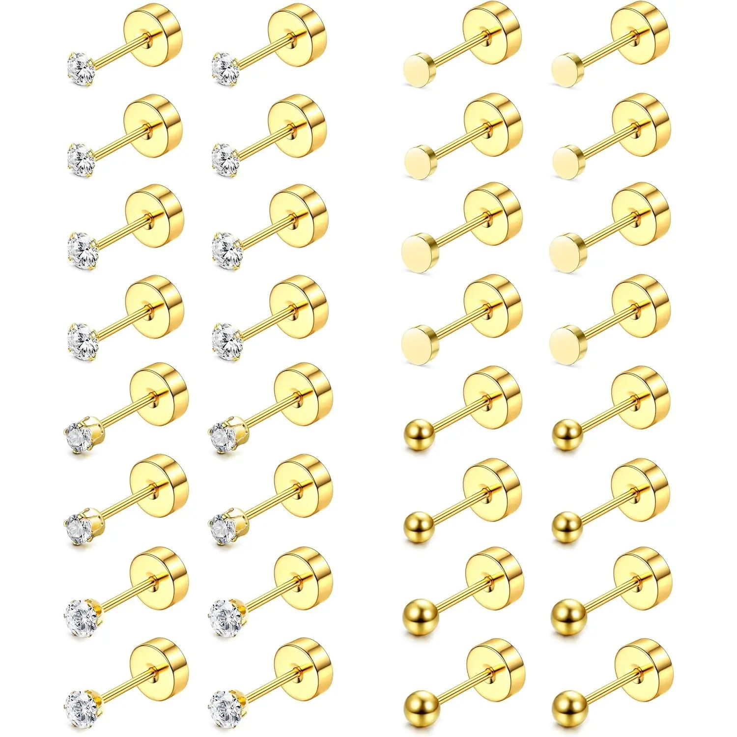 MILACOLATO Unisex 16-Pair 20G Surgical Steel Hypoallergenic Flat Back Earrings Set - 2/3mm Tiny CZ Screw Back Studs with Bling Effect, 0.8mm Sparkling Gold Cubic Zirconia Helix Cartilage Sleepers, No Age Limit Jewelry for Earring Stack, Anniversary