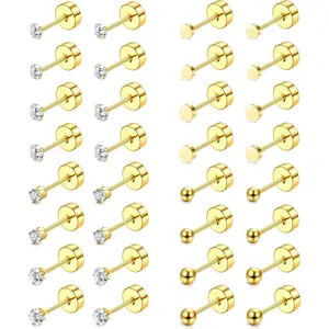 MILACOLATO 16 Pairs Flat Back Earrings Tiny Stud Earrings for Women Men Surgical Steel Hypoallergenic Earrings Small CZ Ball Screw Back Earrings 20G Helix Cartilage Earrings Sleeper Earrings Set 2/3mm