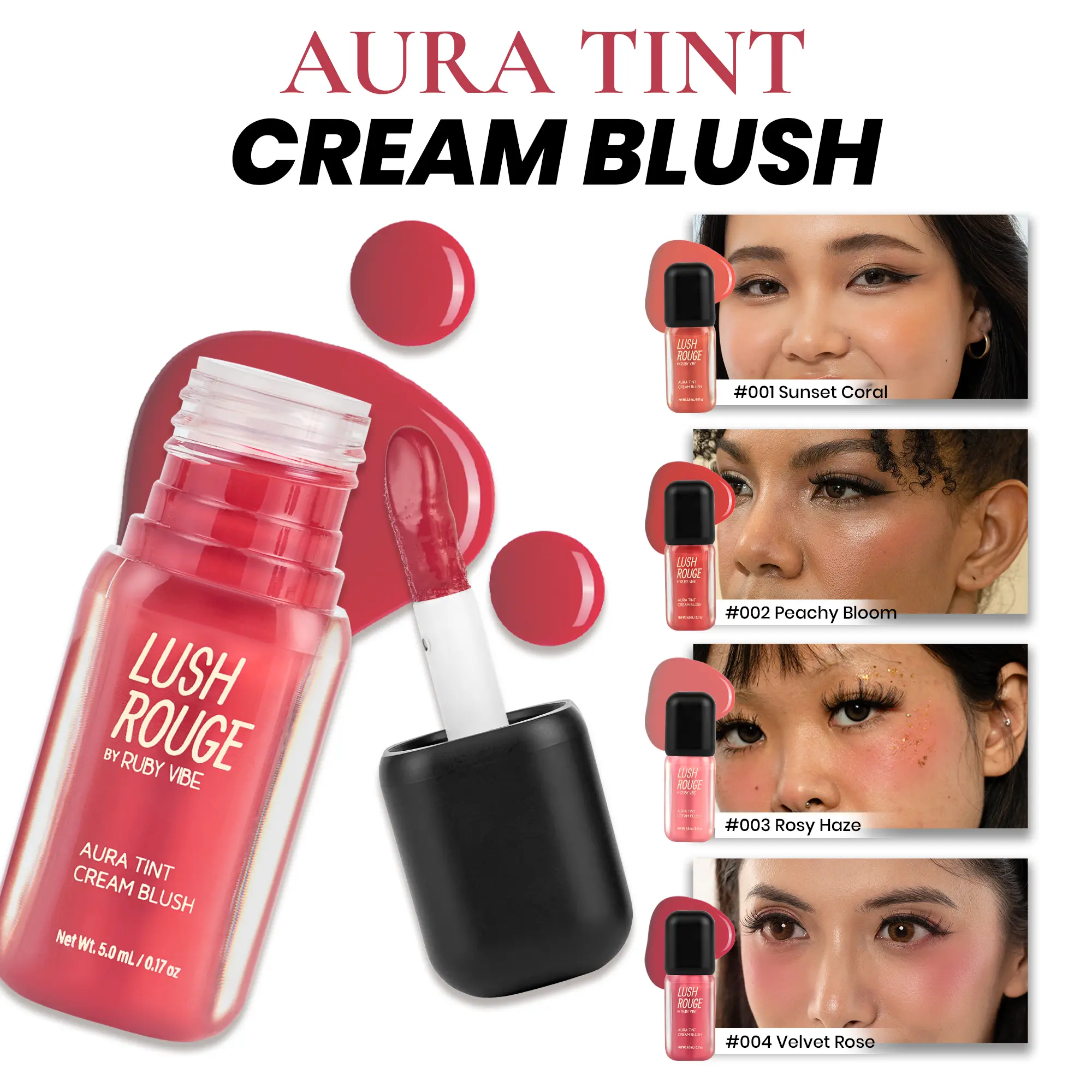 RUBY VIBE CO Liquid Blush, Blush Tint Cream for Natural Radiance, Blendable Blush Liquid Makeup Blush with Vitamin E & Hyaluronic Acid, Pink Blush for Buildable Color