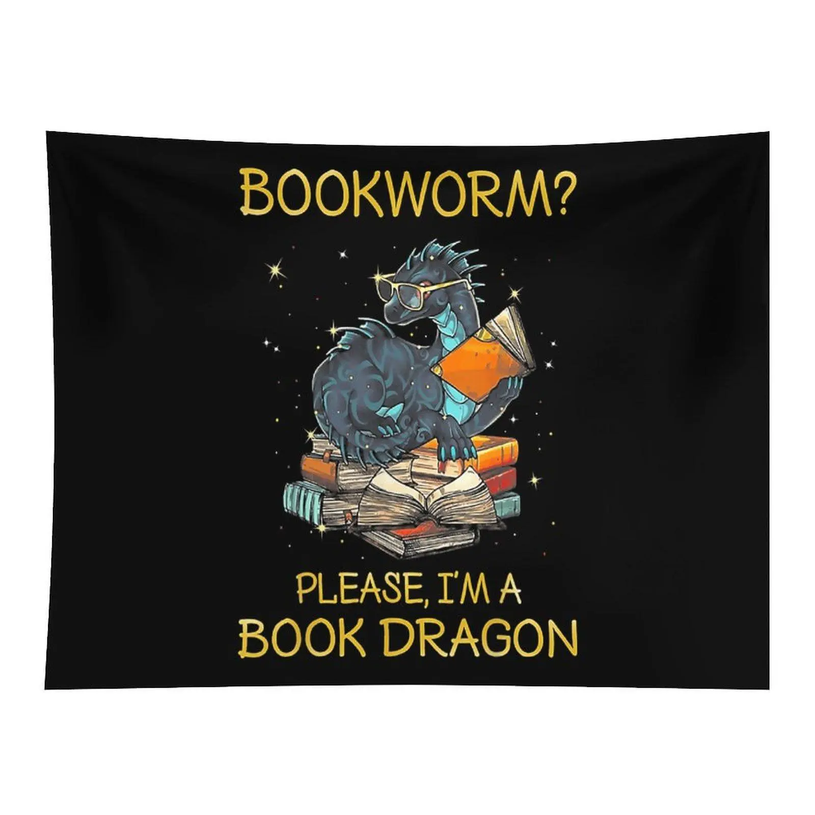Cartoon Dark Dragon Glasses-Wearing Book-Reading Fabric Rectangular Wall Tapestry, Literary Theme Room Decor, Bookworm Gift