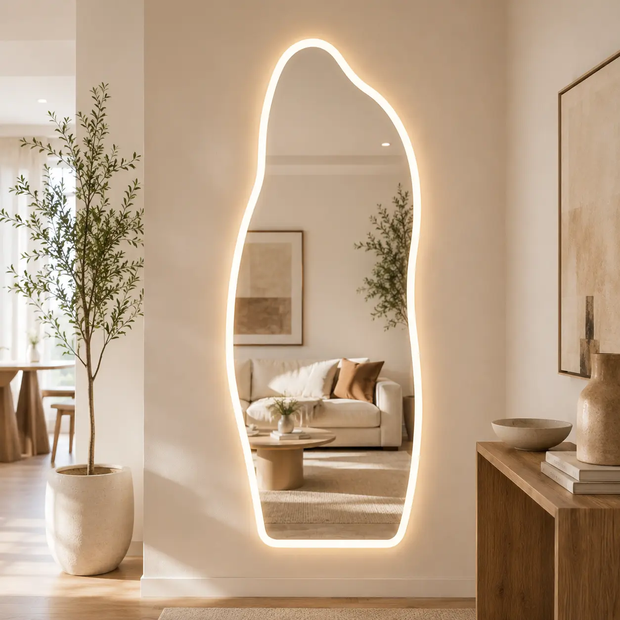 65" x 25" Irregular LED Full Length Mirror, Wall Mounted Asymmetrical Body Mirror with Tempered Glass, 3 Color Lighting, Stepless Dimming and Touch Control for Bedroom, Closet, Dressing Room and Entryway