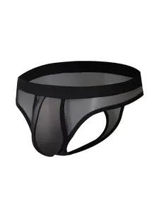 1Pc Men's Low-Rise Contrast Color Thong, Bikini-Style T-Back Hip-Lift, Semi-Sheer Hollow Out, Sexy Innerwear, Breathable Soft Underwear for Home & Date