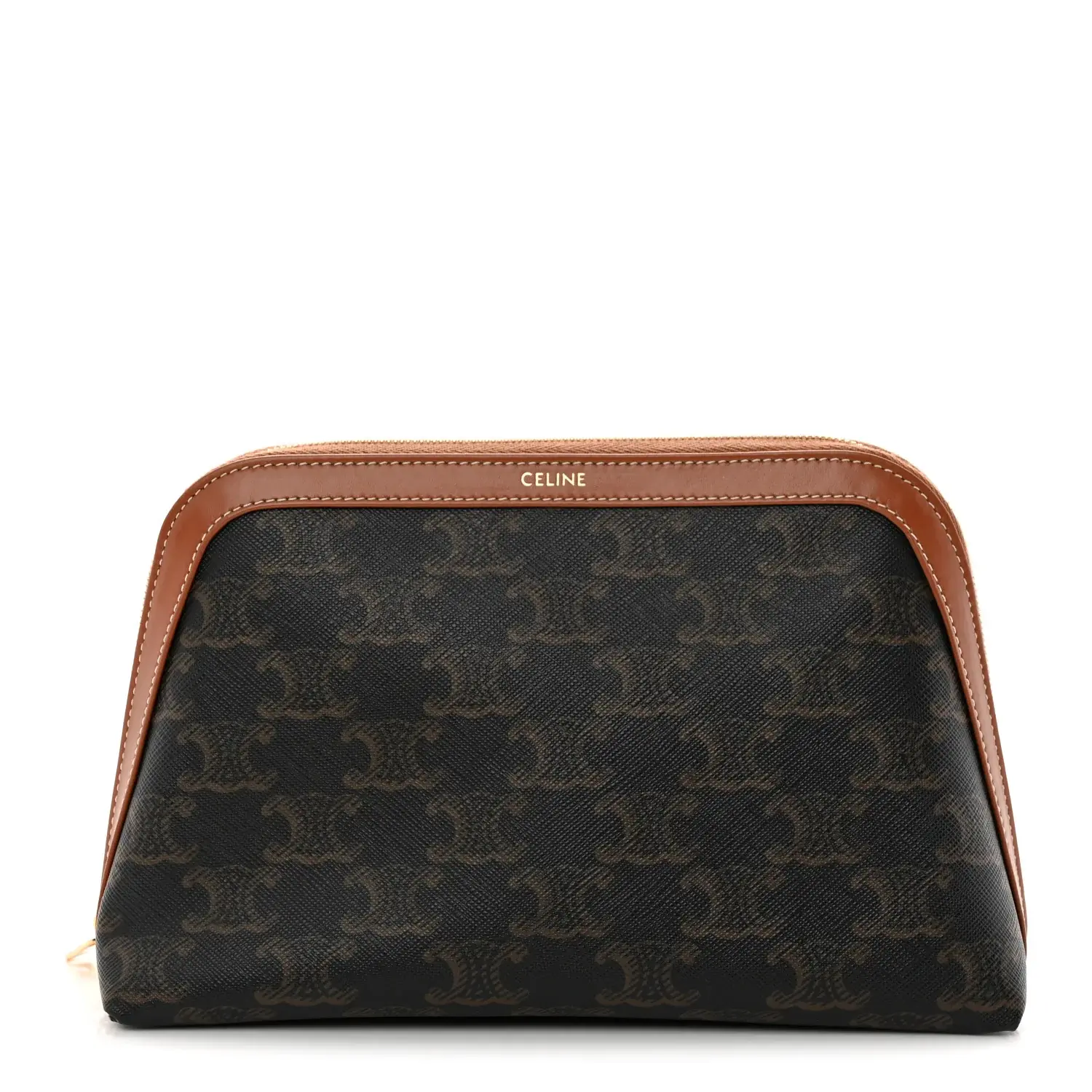 Pre-owned Celine PVC Shoulder Bags Triomphe Canvas Calfskin Medium Cosmetic Pouch Tan cj8637