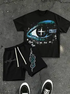 Dark Street Eye Print Tee Set, American Street Style Flame Shorts Two-Piece Set, Boys' Summer Fashion, Loose-Fitting, No Button