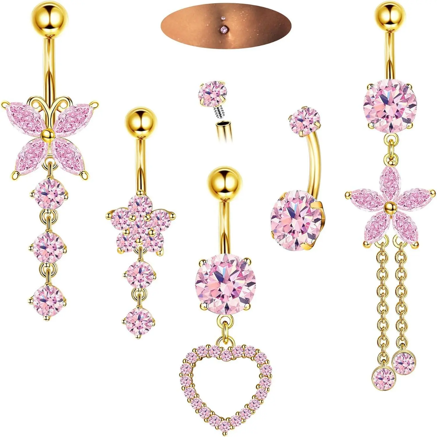 YADOCA 14G Women's Surgical Stainless Steel Belly Button Rings - Bling Dangle Navel Ring with Cute CZ Flower, Butterfly, Heart Designs (Pink, Gold, Silver) - Chic, Dainty, Casual Body Jewelry, Chic Body Jewelry, Dainty Body Jewelry