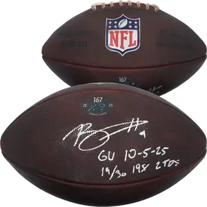 Bryce Young Carolina Panthers Autographed Game-Used Football vs. Miami Dolphins on October 5, 2025 with Multiple Inscriptions - #167 - Fanatics Authentic Certified