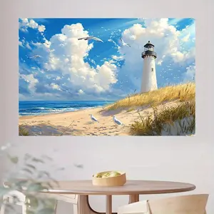 1pc Coastal Print Ocean Lighthouse Beach Backdrop - Summervibes Reusable Durable Polyester Fabric, Vivid Scene with Seagulls Waves Sandy Shore, No Electricity Needed for Summer Couples Photos, Birthday Parties