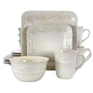 212 MAIN Ivory Lotus Square Stoneware 16-Piece Dining Plate Set - Baroque-Style Tableware Kit with Plates, Bowls, Mugs, Dishes, Cutlery