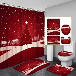 1/3/4pcs Red Christmas Tree Bath Curtain Set, Snowy Design, 71x71 Inches, Includes Background Pattern & Hooks, Festive Bathroom Decor, Shower Curtain Set