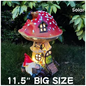 11.5 Inches High Solar Mushroom Fairy House with Sleeping Dwarf Outdoor Statue with Lights-Garden Decoration Dwarf Statue for Outdoor Decorations for Terrace, Balcony, Yard, Charming Garden