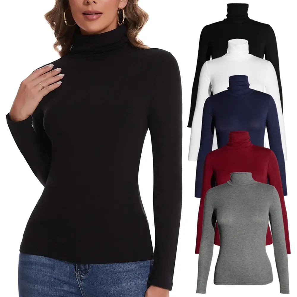 Women's Mock Neck Long Sleeve Top, Comfy High Stretch Viscose Base Layer Shirt, Solid Color Basics for Fall Winter, All-Match, Fabric, Minimalist