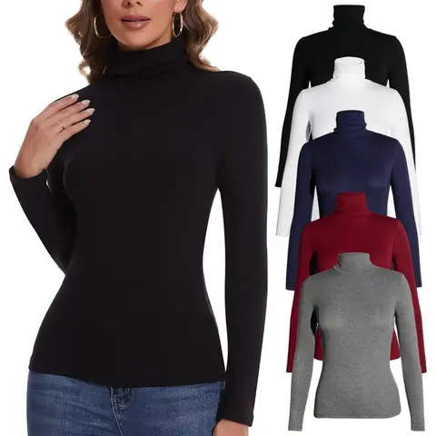 Women's Mock Neck Long Sleeve Top, Comfy High Stretch Viscose Base Layer Shirt, Solid Color Basics for Fall Winter, All-Match, Fabric, Minimalist