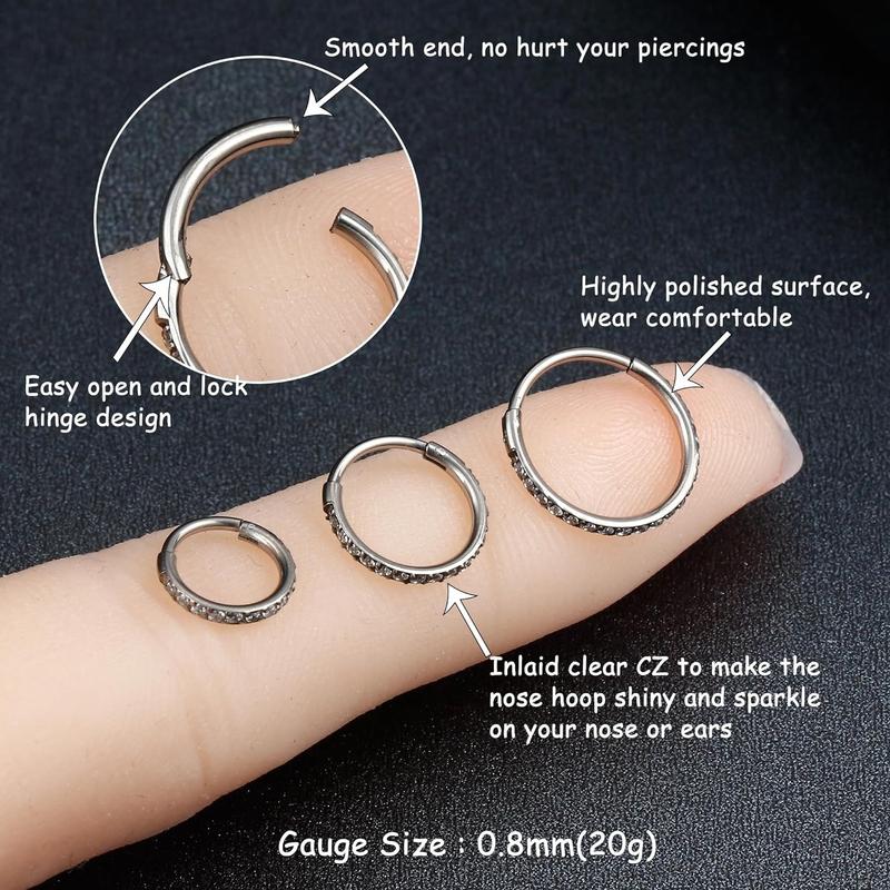 Milacolato 1count G23 Titanium Nose Rings Hoops Hypoallergenic Conch Piercing Jewelry 16G 18G 20G Hinged Segment CZ Paved Clicker Rings for Septum Cartilage Daith Helix Rook Tragus Ear Lobe Earrings for Women Men 6mm/8mm/10mm