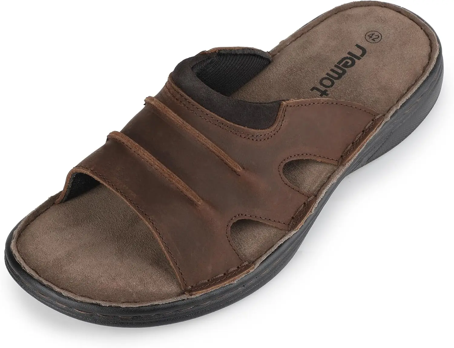 Men's Leather Slip-On Open Toe Sandals - Casual Plain Wedge Shoes with Memory Foam Footbed, Soft Lightweight Indoor-Outdoor Summer Ankle Shoes (US 9-14)
