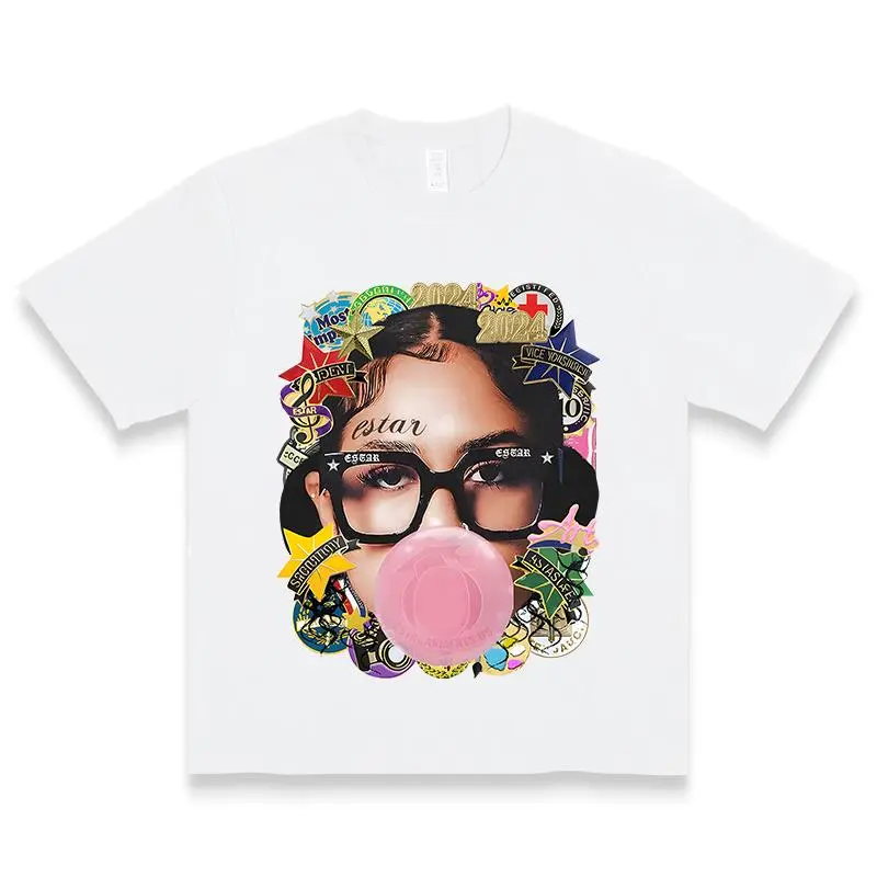 Women's Graphic T-Shirt - Colorful Bubble Blowing Print with Glasses & Geometric Patterns,Round Neck Casual Top, Machine Washable Urban Fashion Tee, Cute T Shirts, Trendy Streetwear, Playful Design, Vibrant Print Quality