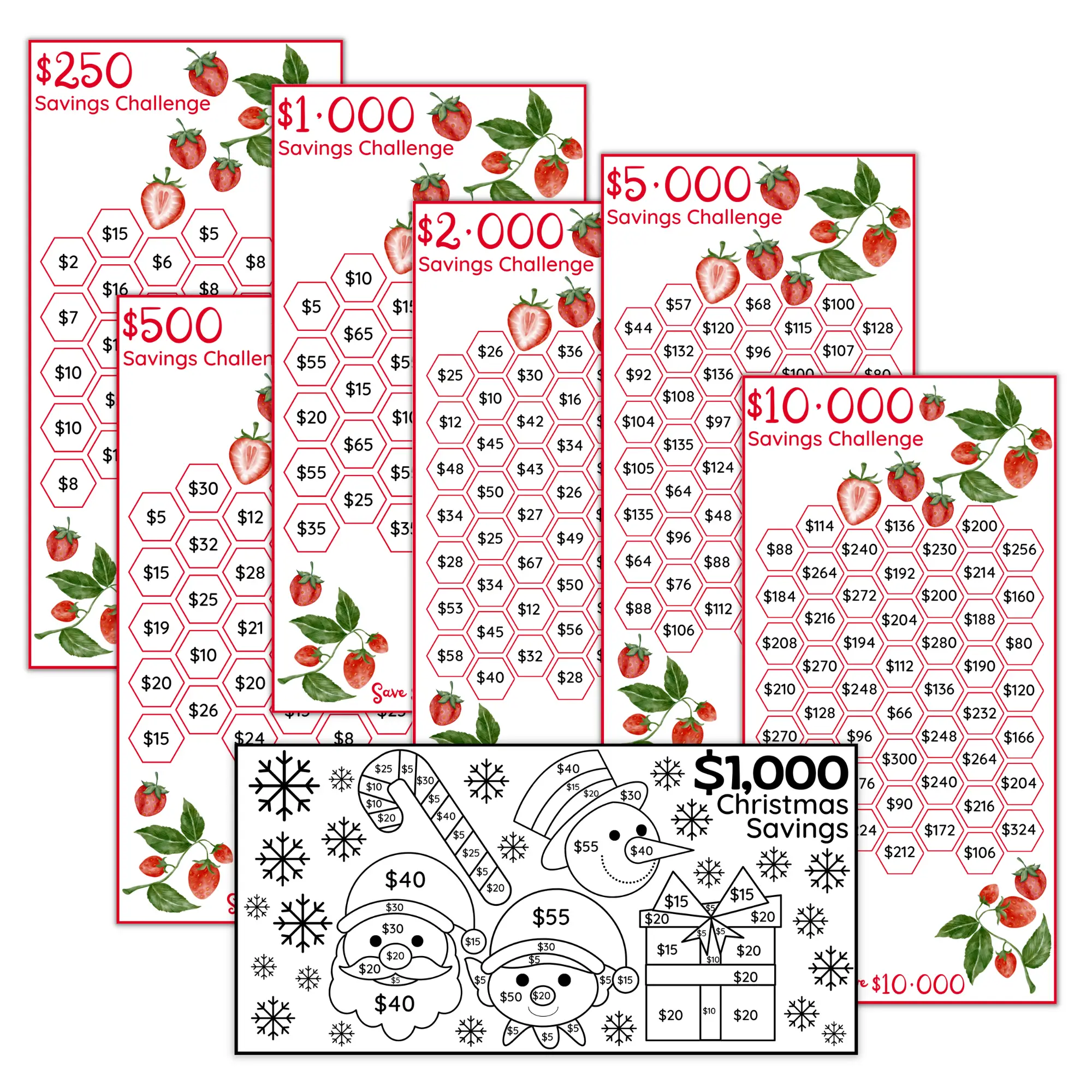 Honeydew Hive Laminated A6 3" x 6" Strawberry Fields Saving Challenge Cards | Strawberry Savings Trackers & Bonus $1,000 Christmas Savings Challenge