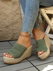 Women's Knitted Straw Wedge Sandals, Non-Slip Thick Sole, Versatile Beach & Outdoor Shoes, Comfortable Summer Footwear