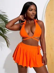 Orange Collared Halter Bikini Set with Skirt, Deep V Neck Criss Cross Wrap Crop Top with High Waist Pleated Skirt Bottom, Modest Tummy Control Swimwear for Beach Vacation
