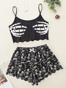 Skull Palm Print Garter Top and Skull for Man Print Shorts Pajama Set