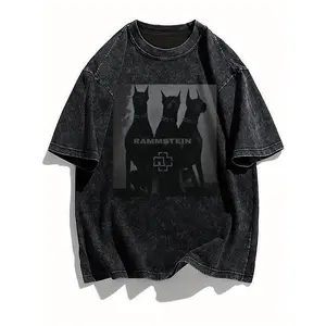 Women's Casual Loose Fit Graphic T-Shirt - Summer Short Sleeve Round Neck Tee with Dog & RAMMSTEIN Print, Machine Washable Black Top, Ladies T Shirts, Washed Texture Fabric Cotton Knit Womenswear Tshirt Streetwear Crewneck Deep Grey Shortsleeve