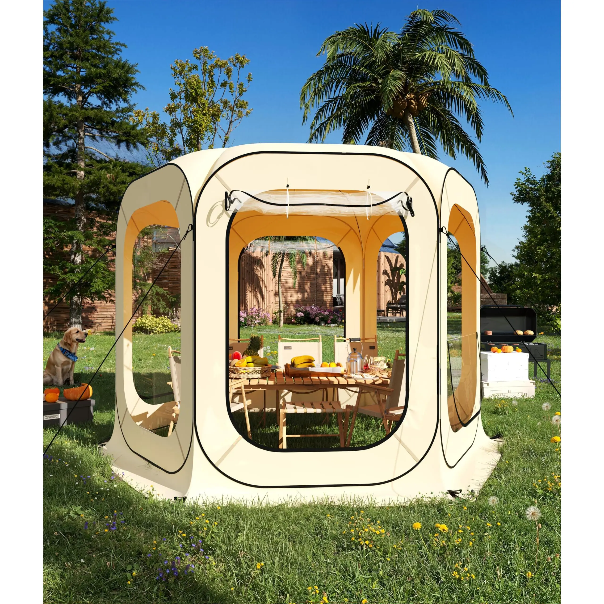 Large 10x10 Ft Pop Up Window Tent - 6-8 Person Sturdy Portable Foldable Outdoor Tent, Arched Roof, Closable Doors, Rainproof, Windproof, Coldproof, for Backyard Party, Picnic Setup