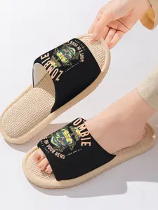 Vintage Zombie Skull + "ZOMBIE WHAT'S IN YOUR HEAD" Slogan | Dark & Edgy 1 Pair Linen Breathable Non-Slip Sweat-Absorbent Home Slippers For Dark Aesthetic Lovers/Rock Fans/Halloween Enthusiasts (Spring Summer/Lounging/Party Use)