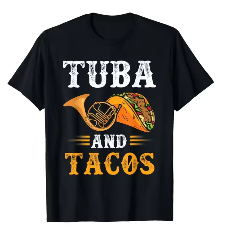 Unisex 100%‑Cotton Retro Distressed Tuba And Tacos Funny Band T‑Shirt, Music Lover Casual Short‑Sleeve Tee for Men Women